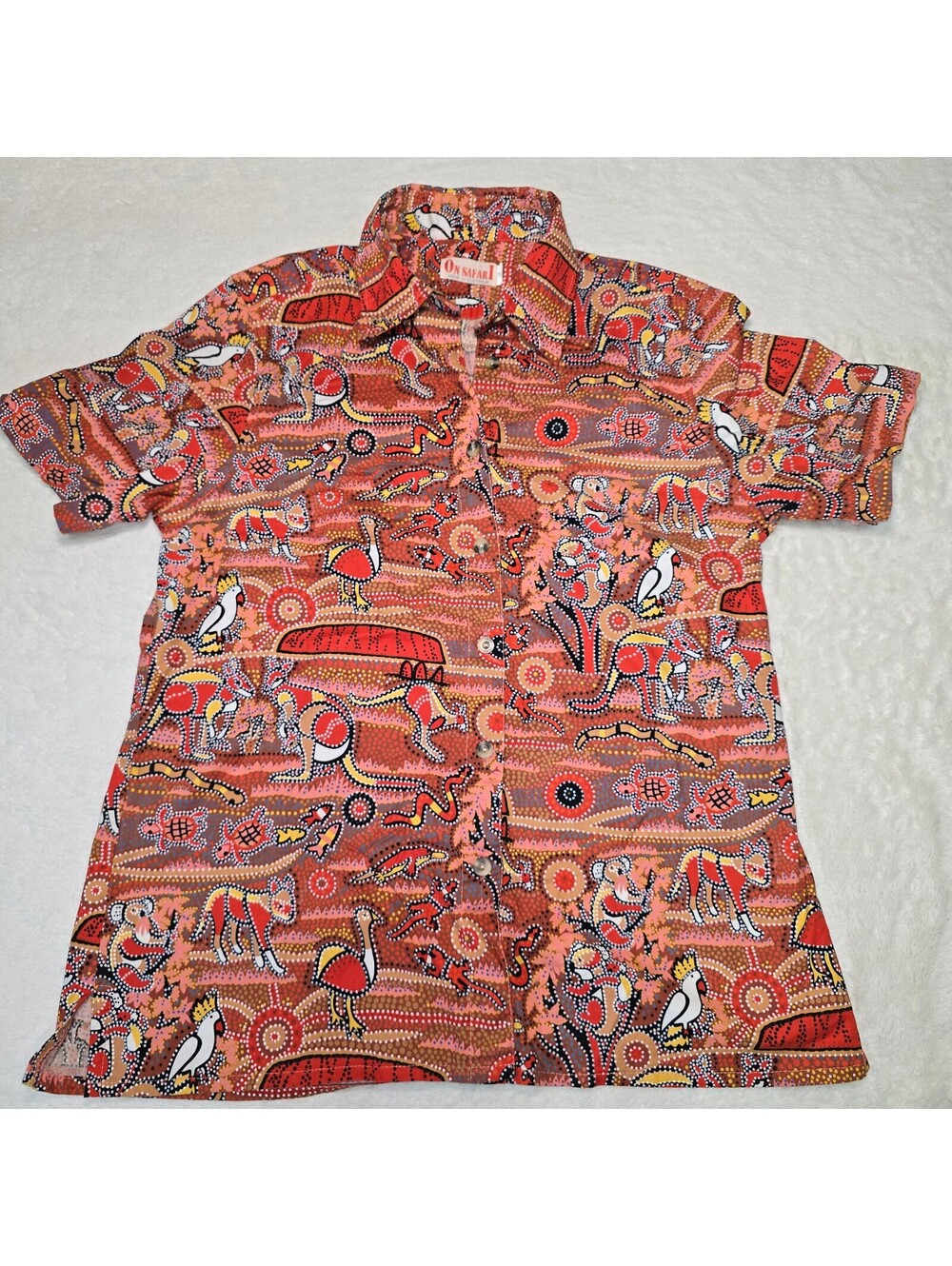 Vintage On Safari Shirt Womens 12 Made In Australia Aboriginal Dot Art Kangaroo